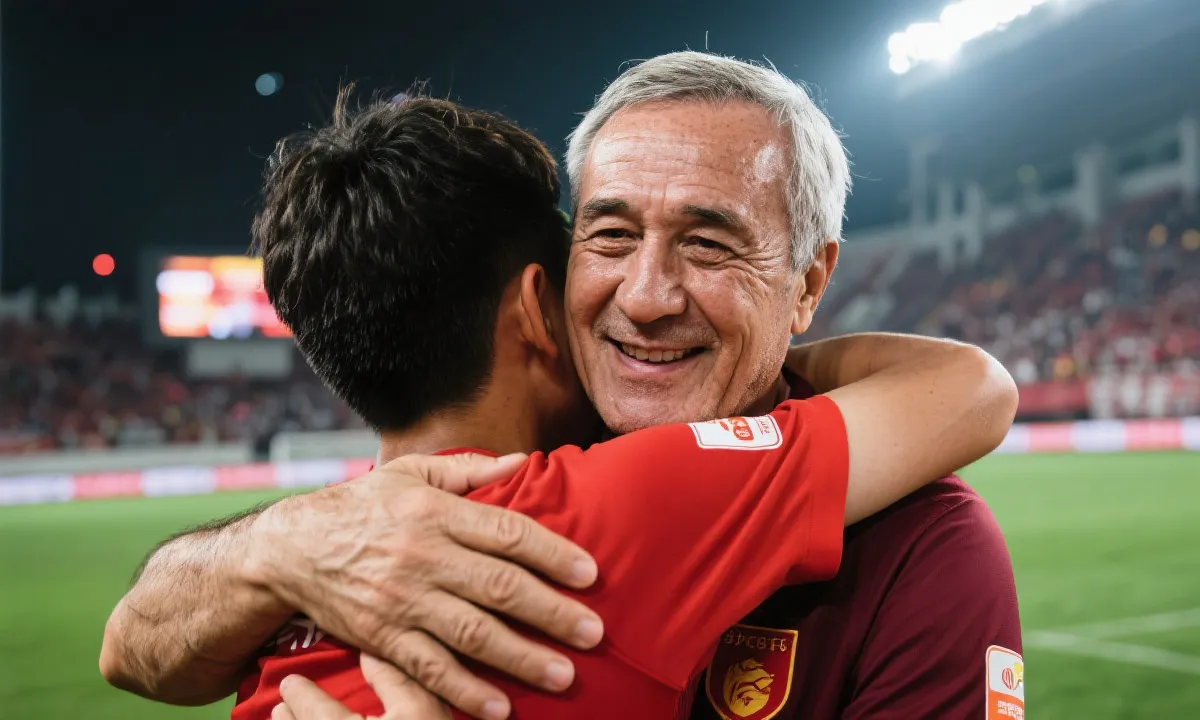 老球员与年轻球员在世界杯赛后交流、互相拥抱的画面