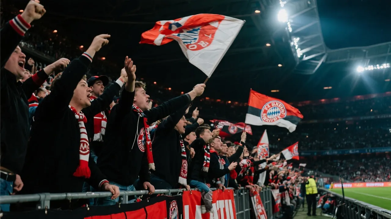 球迷近景看台声浪与旗帜形成的氛围，强调世界杯比赛日紧张感