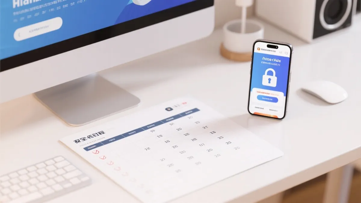 桌面上摊开赛程表与安全检查清单，旁边是手机上的会员优惠页面与锁形图标