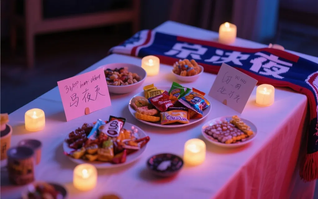 桌面观赛布置：零食拼盘、围巾、手写应援卡、柔和灯光，适合决赛夜仪式感